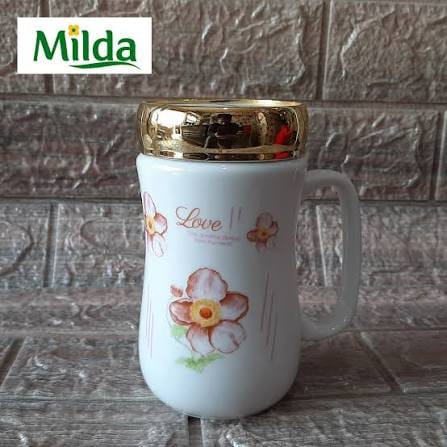 Milda Ceramic Coffee Mug Tea Cup Milk Mug White Decal With Mirror Lid 400 Ml - image 2