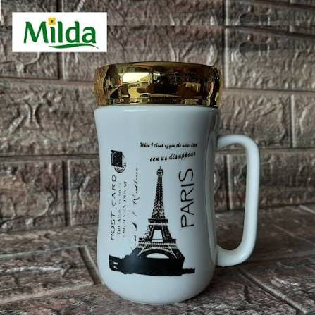 Milda Ceramic Coffee Mug Tea Cup Milk Mug White Decal With Mirror Lid 400 Ml - image 1