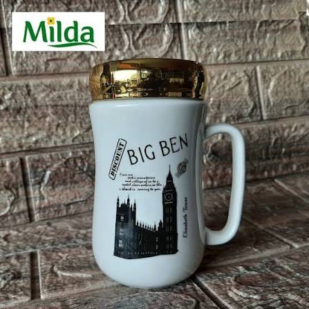 Milda Ceramic Coffee Mug Tea Cup Milk Mug White Decal With Mirror Lid 400 Ml - image 3