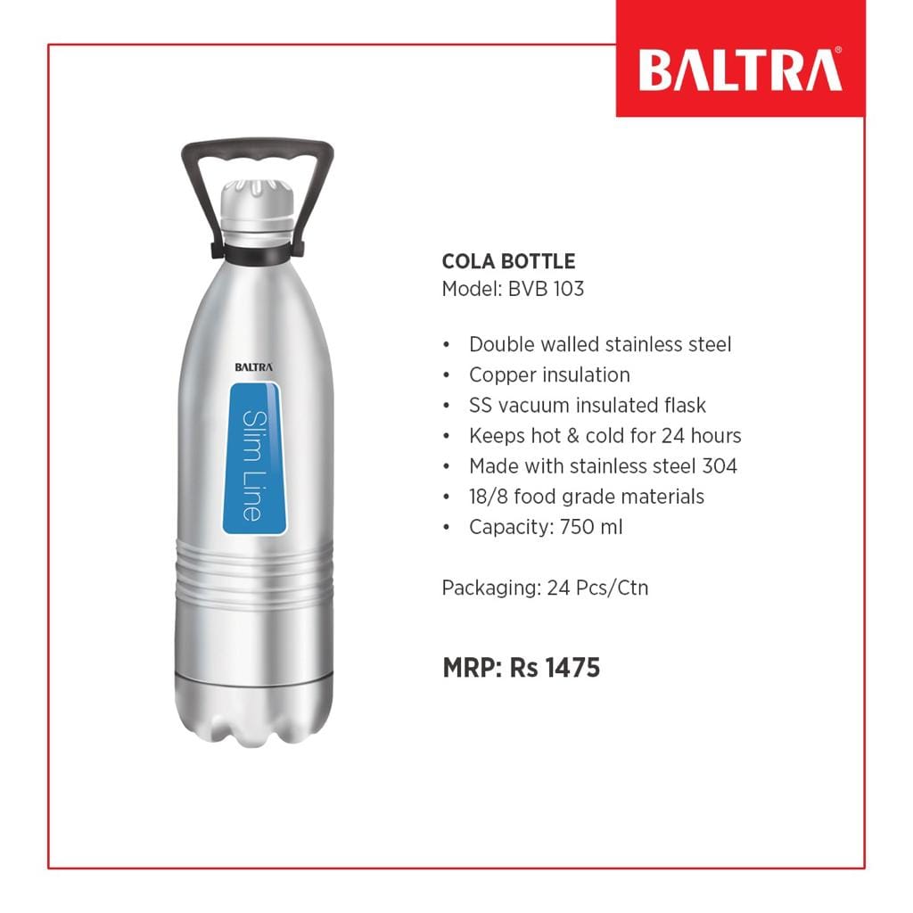 Baltra Stainless Steel Double Walled Hot & Cold Vacuum Flask Cola Bottle 750ML BVB 103 - image 1