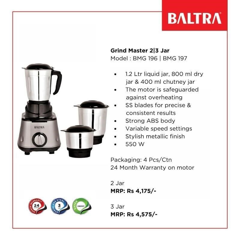 BALTRA Grind Master Mixer Grinder | 3 Jar | BMG 197 | 1.2 Ltr Liquid Jar, 800 Ml Dry Jar & 400 Ml Chutney | Safeguarded Motor Against Overheating | SS Blades For Precise & Consistent Results | Variable Speed Settings | Stylish Metallic Finish | 550 Watt - image 2
