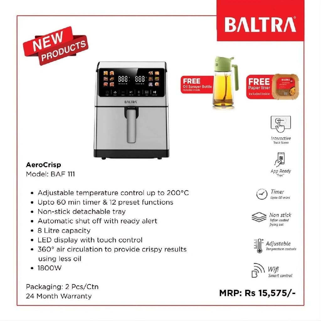 BALTRA Air Fryer | Aerocrisp | BAF 111 | 8 litre capacity | Wi-fi Operating | Adjustable temperature control | 60 min timer | 12 preset functions | Non-stick detachable tray | Automatic shut off | LED display wit - image 2
