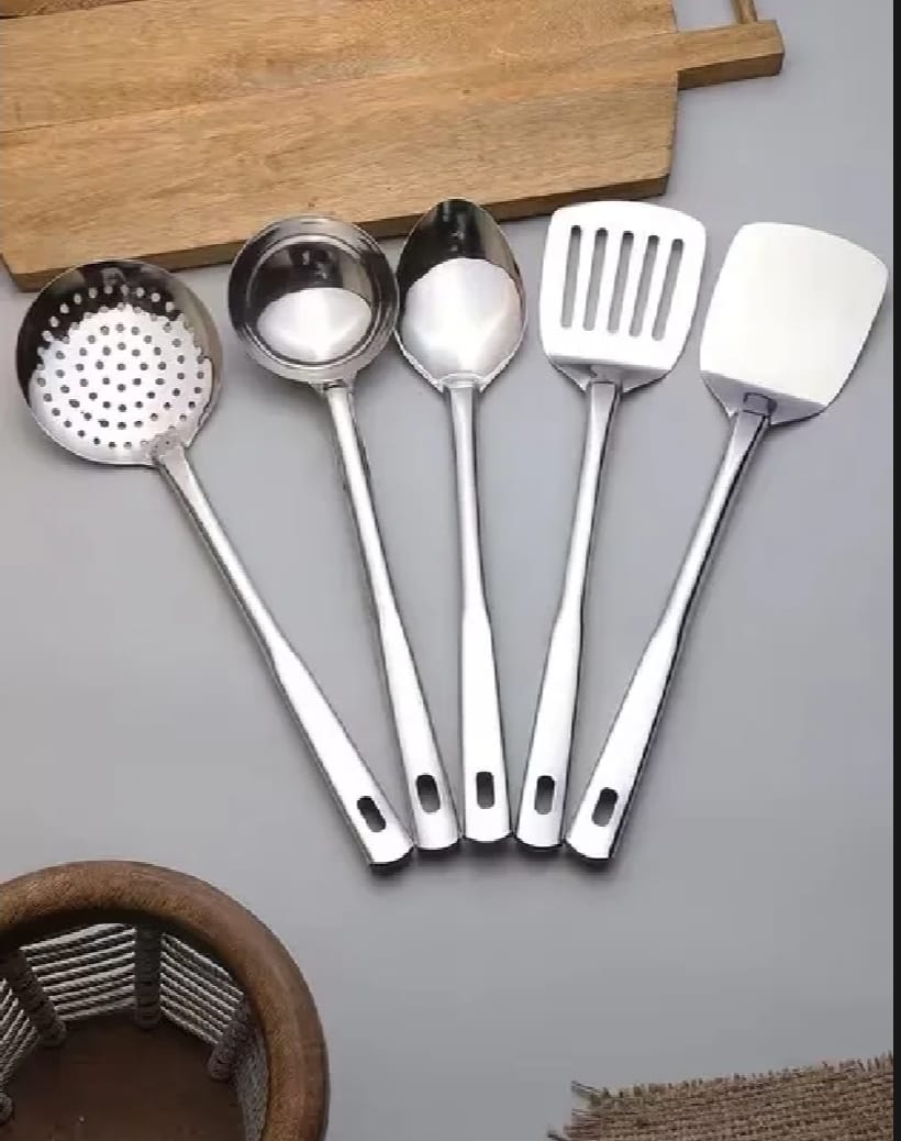 5 pcs 100% Stainless Steel Heavy Gauge Ladle Set of 5 Steel Kitchen Tool Set (Steel, Cooking Spoon, Ladle, Spatula, Skimmer)Spoon