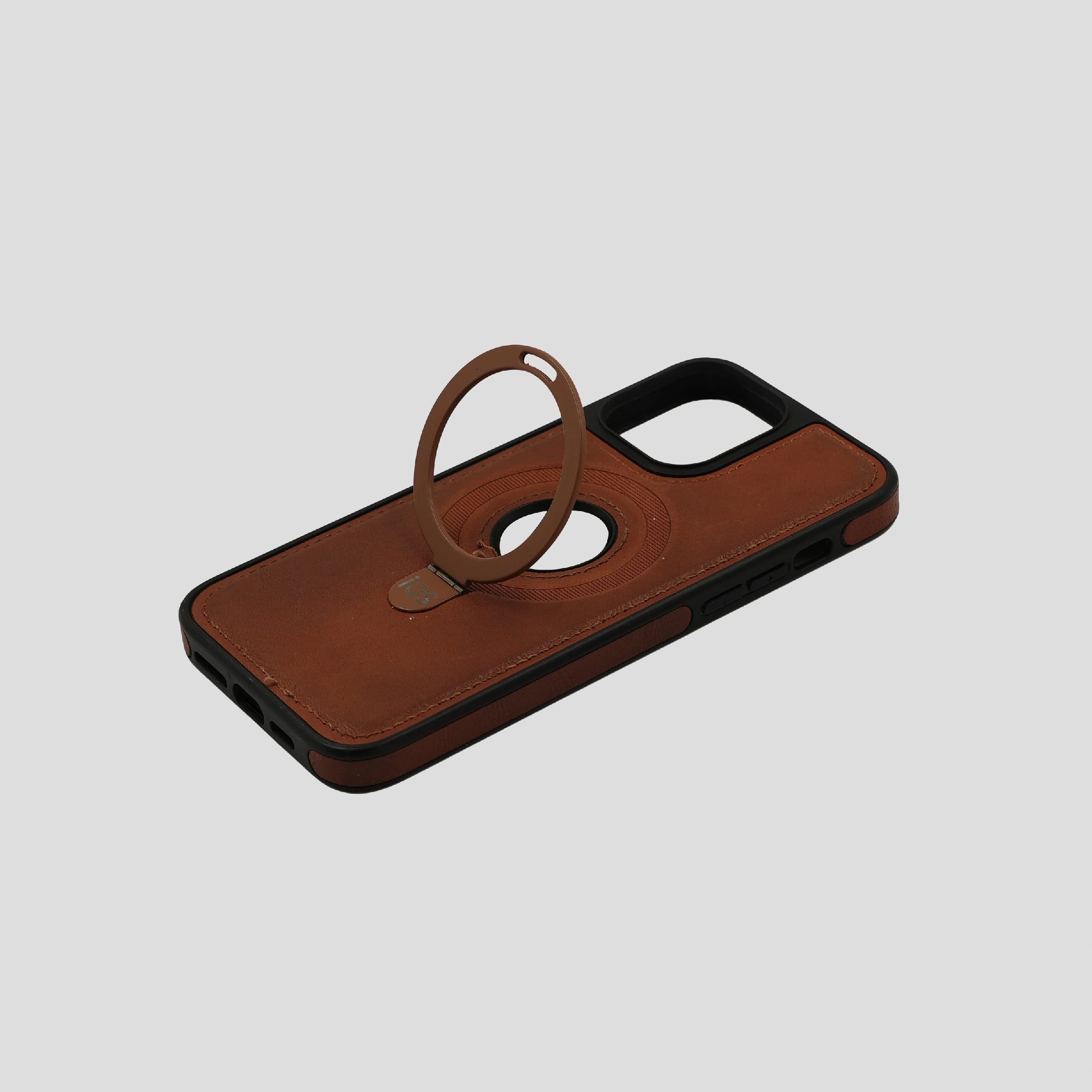 Brown Leather Magnetic Phone Case With Built-In Ring Stand For IPhone MagSafe Compatible - image 1