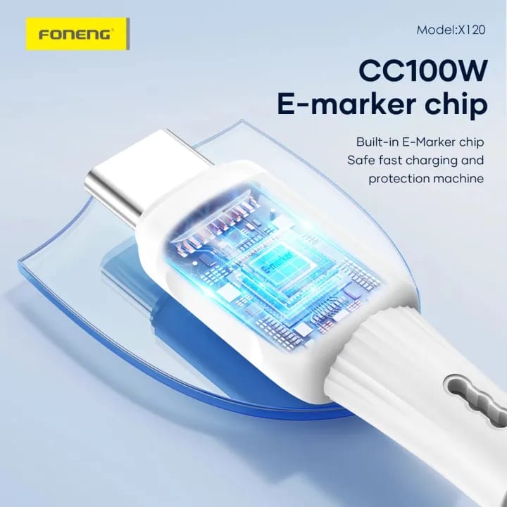FONENG X120 1M Type C to Type C 100W Silicone Fast Charging Cable | PD 100W E-Marker Type C Cable | Soft Silicone Data & Charging Cable | White - image 3