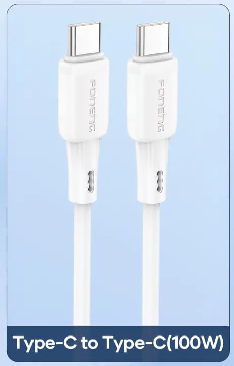 FONENG X120 1M Type C to Type C 100W Silicone Fast Charging Cable | PD 100W E-Marker Type C Cable | Soft Silicone Data & Charging Cable | White - image 1