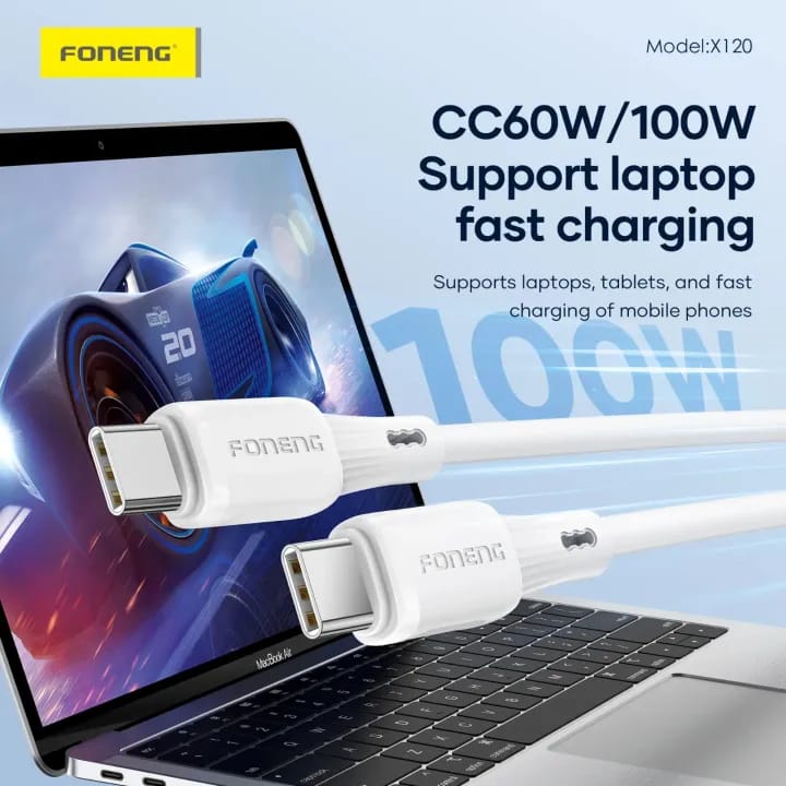 FONENG X120 1M Type C to Type C 100W Silicone Fast Charging Cable | PD 100W E-Marker Type C Cable | Soft Silicone Data & Charging Cable | White - image 4