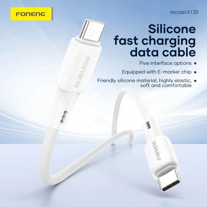 FONENG X120 1M Type C to Type C 100W Silicone Fast Charging Cable | PD 100W E-Marker Type C Cable | Soft Silicone Data & Charging Cable | White - image 2
