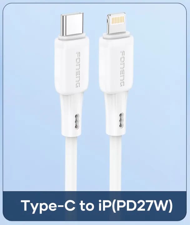 FONENG X120 1M Type C to Lightning Silicone Fast Charging Cable | PD 27W Fast Charge & Data Sync | Soft Silicone Charging Cable | White - image 1
