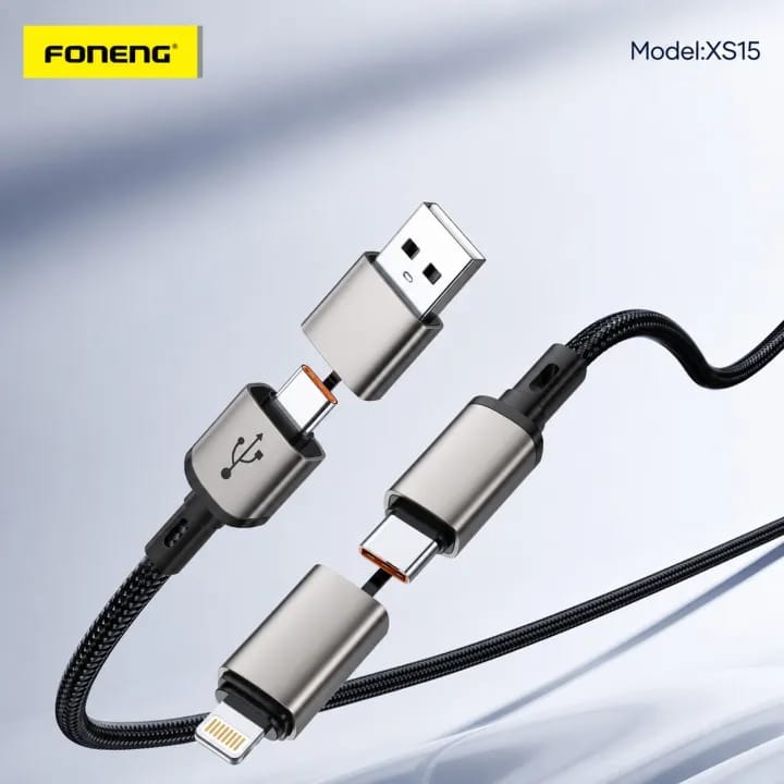Foneng 1.2M Cable | 4 in 1 Metal Braided Cable | USB A + Type C toType C + Lightning Output | 60W Type C | PD27W | 3A & 2.4A Output | Magnetic Adsorption | High current output | 48 Strand Braided | Data Transmission supported Cable | XS15 - image 1