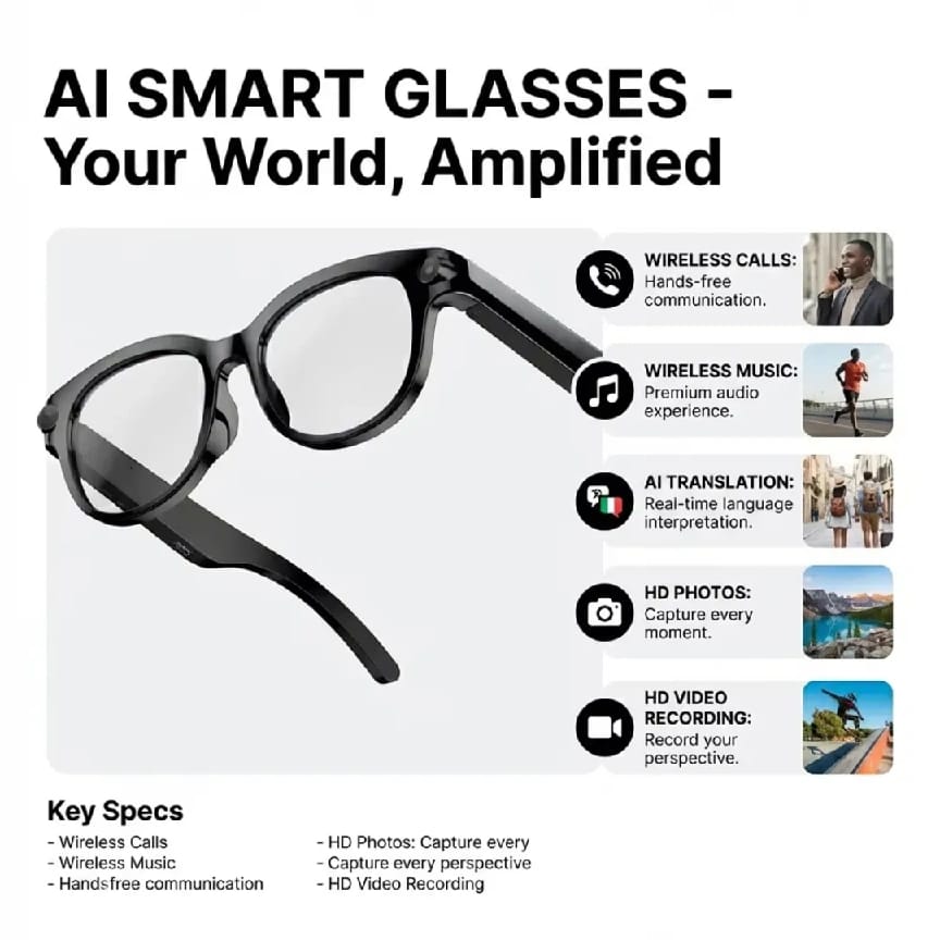 Intelligent Smart Glasses With 8MP HD Camera | Bluetooth Music & Calling | Video & Audio Recording | Real-Time Translation | Smart Sunglasses With Interchangeable Lenses - Ojustore - image 5