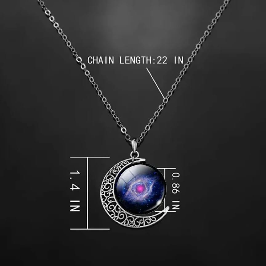 Galaxy Glass Cabochon Pendant Necklace – Crescent Moon & Outer Space Design | Fashion Silver Chain Jewelry - Ojustore - image 3