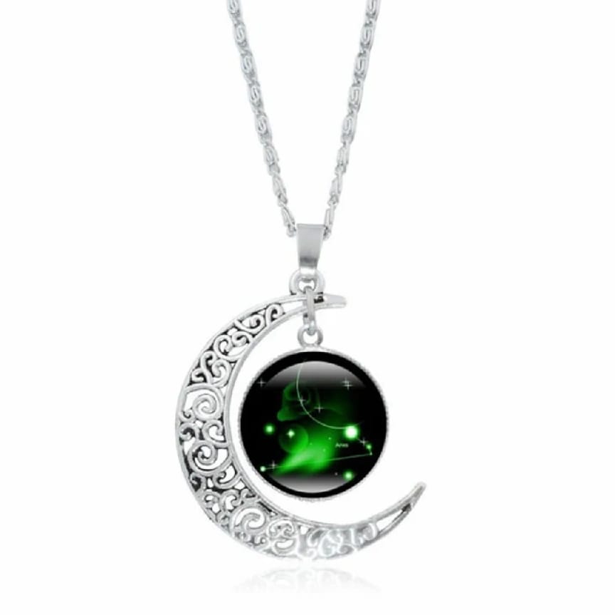Galaxy Glass Cabochon Pendant Necklace – Crescent Moon & Outer Space Design | Fashion Silver Chain Jewelry - Ojustore - image 2
