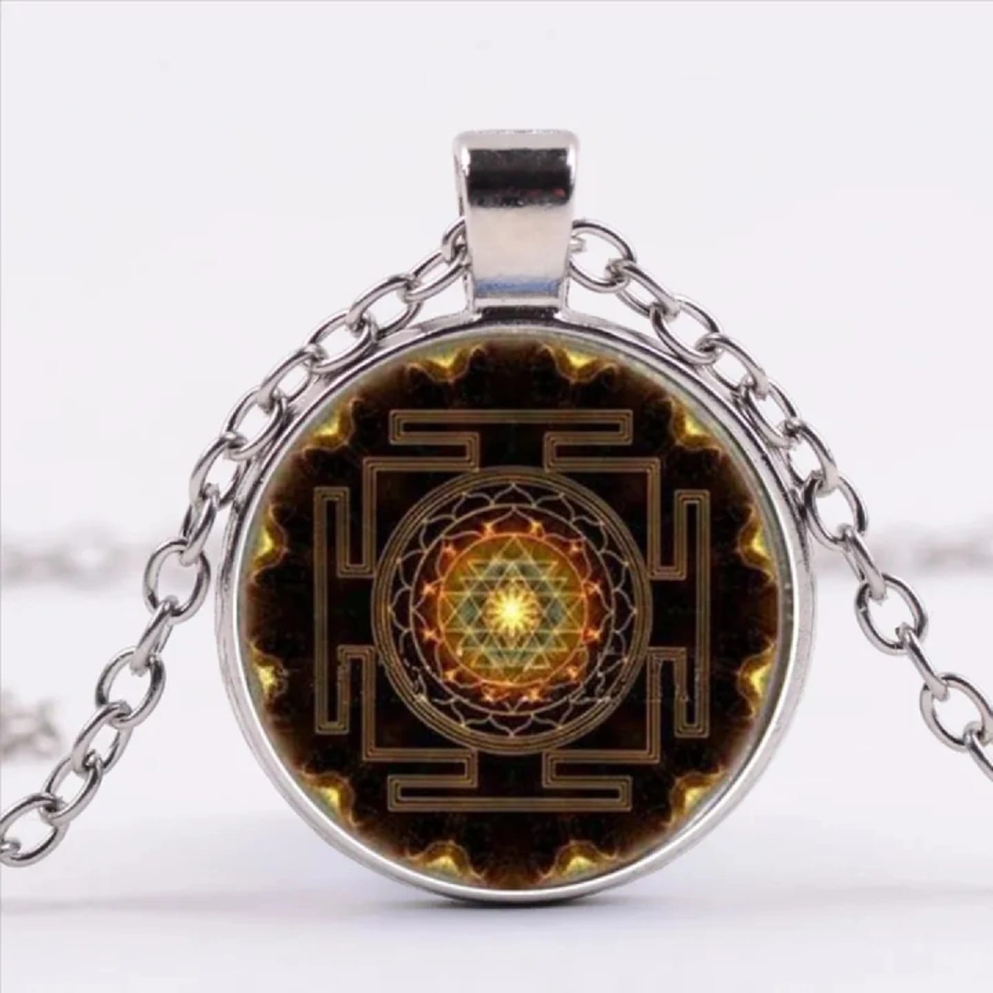 Sacred Sri Yantra Time Gemstone Spiritual Necklace Mandala Glass Dome Pendant | Fashion Buddhist Sacred Geometry Jewelry - Ojustore - image 1