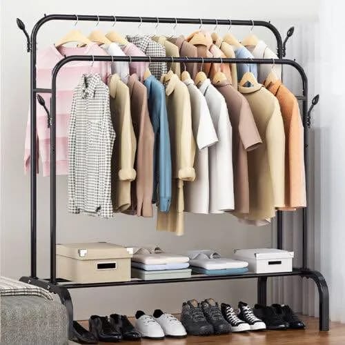 Double Rod Coat Rack And Clothes Hanger Stand With Bottom Shelves - image 2