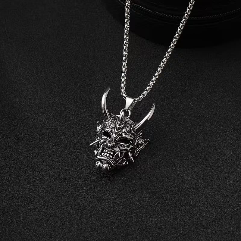 Gothic Necklace For Men Mask Stainless Steel Silver Evil Demon Ghost Horn Skull Pendant - image 1