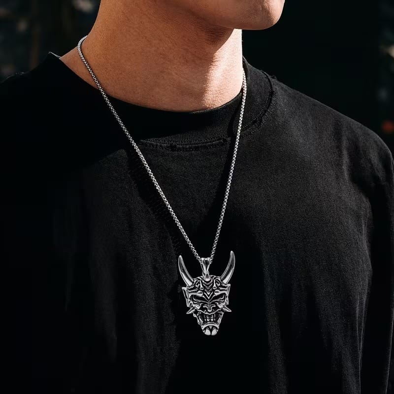 Gothic Necklace For Men Mask Stainless Steel Silver Evil Demon Ghost Horn Skull Pendant - image 3