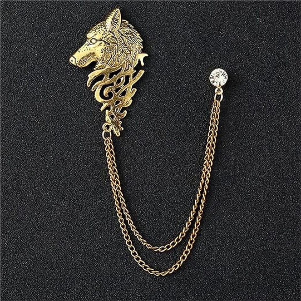1Pcs Wolf Head Long Collar Chain Brooch Cool Animal Head Collar Coat Pin Punk Gold Chain Tassel Brooch Pin For Men'S