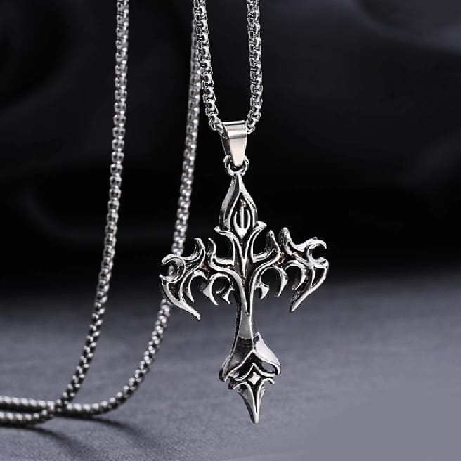 Vintage Flame Cross Pendant Necklace For Women Men Long Chain Punk Goth Trendy Accessories Choker Gothic Jewelry