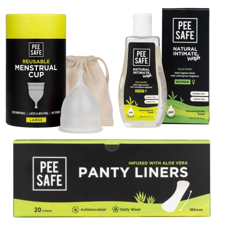 Pee Safe Menstrual Cup Large 1N + Women's Intimate Wash (105ml) 1N + Aloe Panty Liner 185mm (Pack Of 20) 1N - image 1