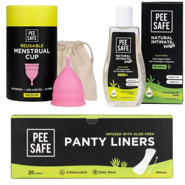 Pee Safe Menstrual Cup Medium 1N + Women's Intimate Wash (105ml) 1N + Aloe Panty Liner 185mm (Pack Of 20) 1N - image 1