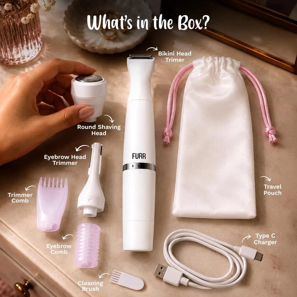 FURR 6-in-1 Multipurpose Trimmer & Shaver with 1 Year Warranty | For Eyebrows, Underarms, Legs & Bikini Line | Water Resistant & 90 Minutes Run Time | C Type Charging | Smooth on all Skin Types - image 2