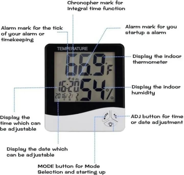 HTC1 Humidity Clock Hygrometer Electronic Thermo Hygro With External Sensing Probe Humidity Meter Tester + Temperature Meter + Alarm Clock + Time with Pin-Type Digital Moisture Measurer - image 3