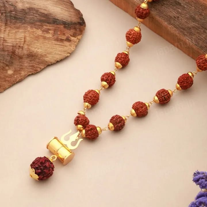 5Mukhi Rudraksh Mala, 32 Beads Astonish Gold Plated Rudraksha Mala With Shiv Trishul and Damru Chain - image 1