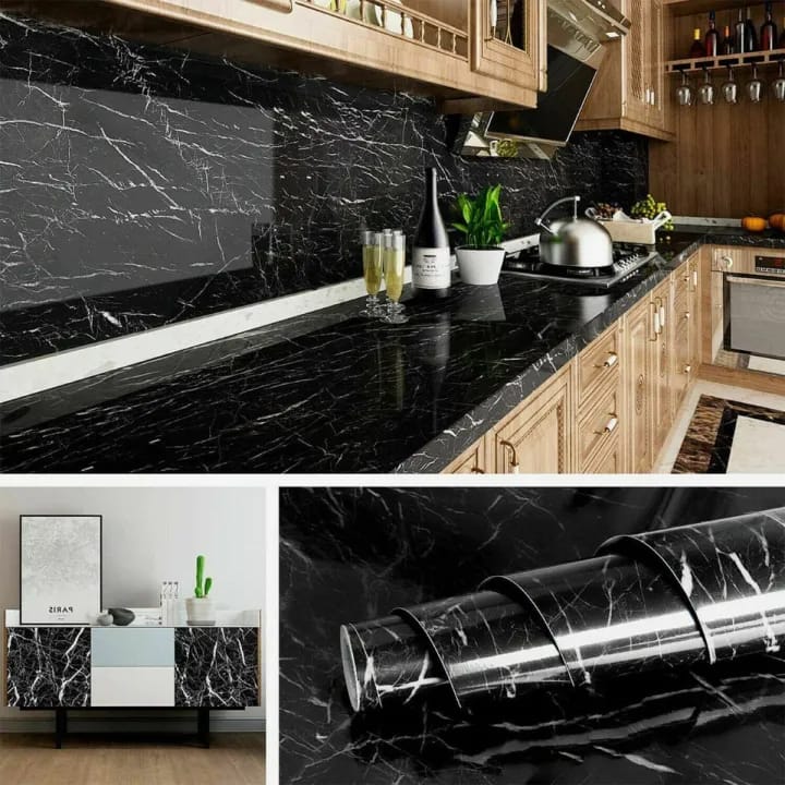Kitchen Marble Wall Paper Oil Proof Waterproof Backsplash Sticker Roll Stove Cabinet Liner Décor Self Adhesive Wallpapers (3m x 61 cm) - image 1