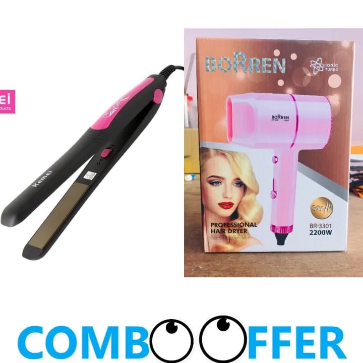 Combo (Straightener + Dryer ) - Kemei KM-328 Hair Straightener + Borren BR-2031 Hair Dryer - image 1