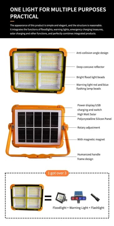 Solar LED Flood Light - IP66 Waterproof, 4-Panel, Solar/USB Rechargeable 7200mAh - image 4