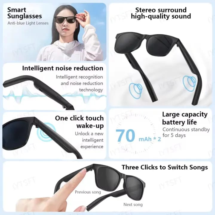 D11 Smart Sunglasses with Bluetooth 5.3, UV Protection, Built-in Speaker, Touch Control, 7-Hour Battery Life - image 4