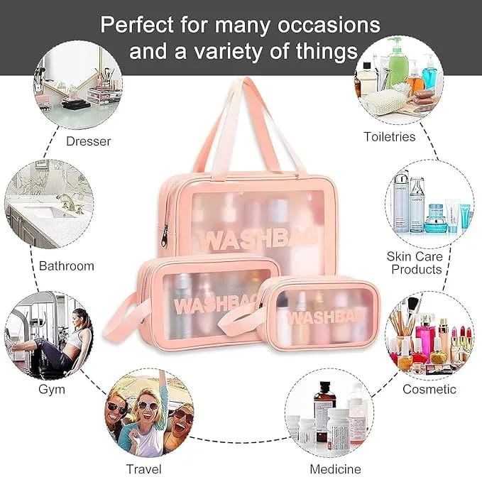 3 PCS Set Clear Travel Toiletry, Makeup Cosmetic Transparent Travel Wash Bag - image 5