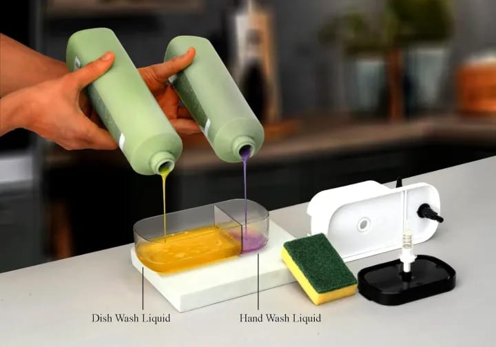 3 in 1 Dishwashing and Handwash Liquid Soap Dispenser, Dishwasher Pump Dispenser with Sponge Holder, Kitchen Soap Dispenser for Sink Corner, Wash Basin, Countertop (3 in 1 Dispenser) - image 4