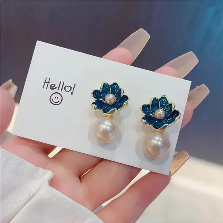 Vintage Blue Enamel Lotus Flower Pearl Earrings for Women Girl New Fashion Accessories - image 2