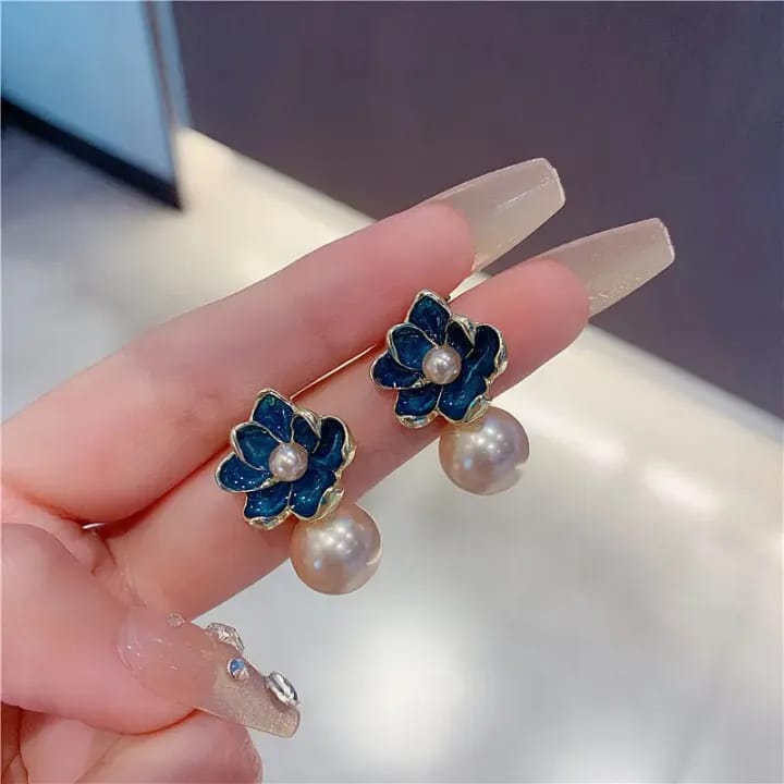 Vintage Blue Enamel Lotus Flower Pearl Earrings for Women Girl New Fashion Accessories - image 3