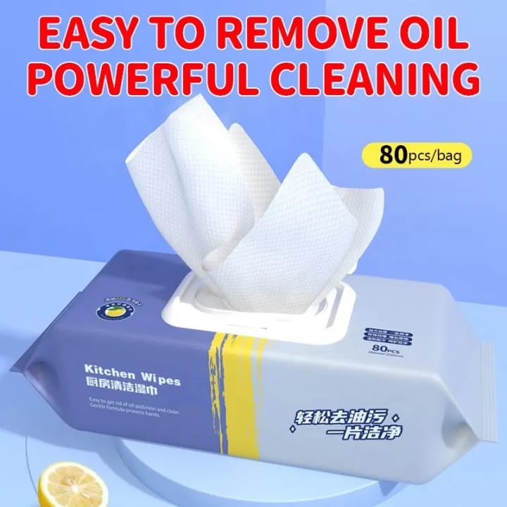 Kitchen Cleaning Wet Wipes 80pcs | Strong Oil Removal | 99% Sterilization | Multi-Purpose Degreasing Wipes for Dish, Cooktop, Hood & Sink Cleaning - image 1