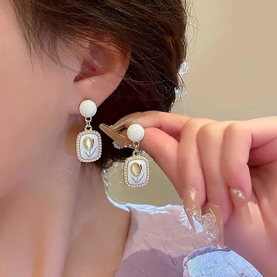 Tulip Dangle Earrings White Enamel Square Earrings Gold Tulip Flower Drop Earrings for Women and Girls - image 4