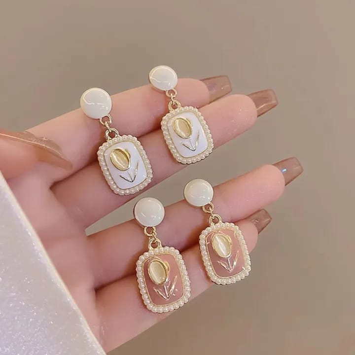 Tulip Dangle Earrings White Enamel Square Earrings Gold Tulip Flower Drop Earrings for Women and Girls - image 2
