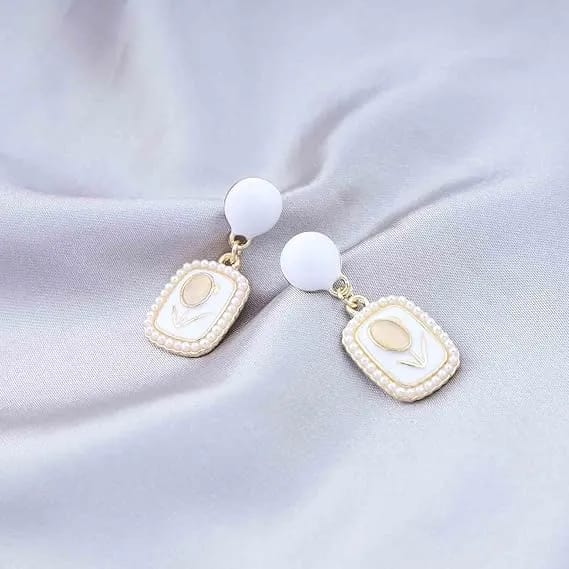 Tulip Dangle Earrings White Enamel Square Earrings Gold Tulip Flower Drop Earrings for Women and Girls - image 3
