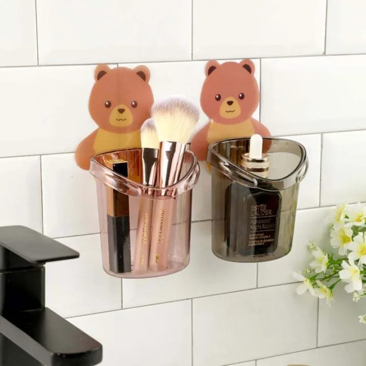 Toothbrush Holder Cup Cute Teddy Bear Wall Mounted – Self Adhesive Bathroom Storage Organizer – Kids Toothbrush & Toothpaste Holder - image 2