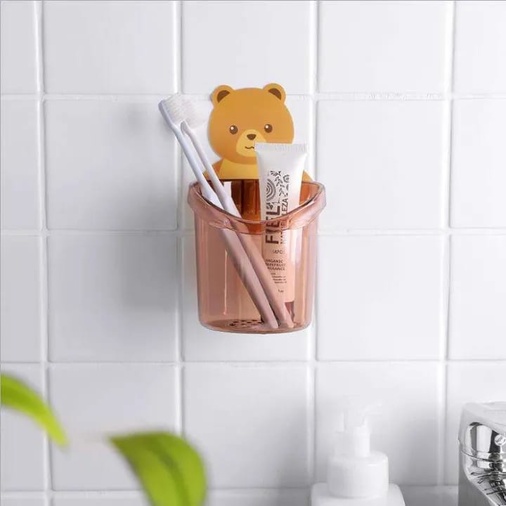Toothbrush Holder Cup Cute Teddy Bear Wall Mounted – Self Adhesive Bathroom Storage Organizer – Kids Toothbrush & Toothpaste Holder - image 5