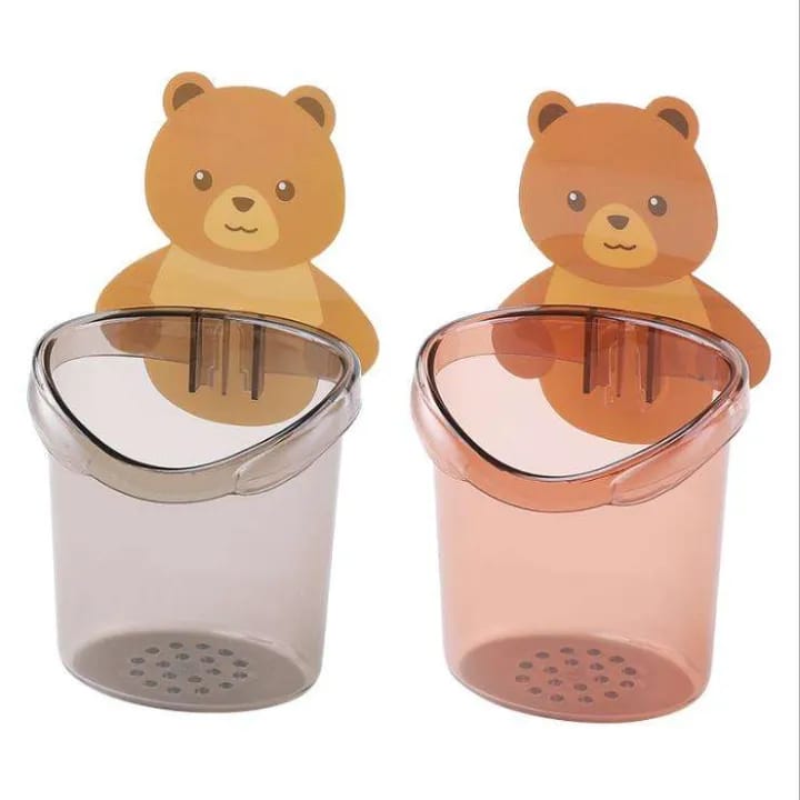Toothbrush Holder Cup Cute Teddy Bear Wall Mounted – Self Adhesive Bathroom Storage Organizer – Kids Toothbrush & Toothpaste Holder - image 3