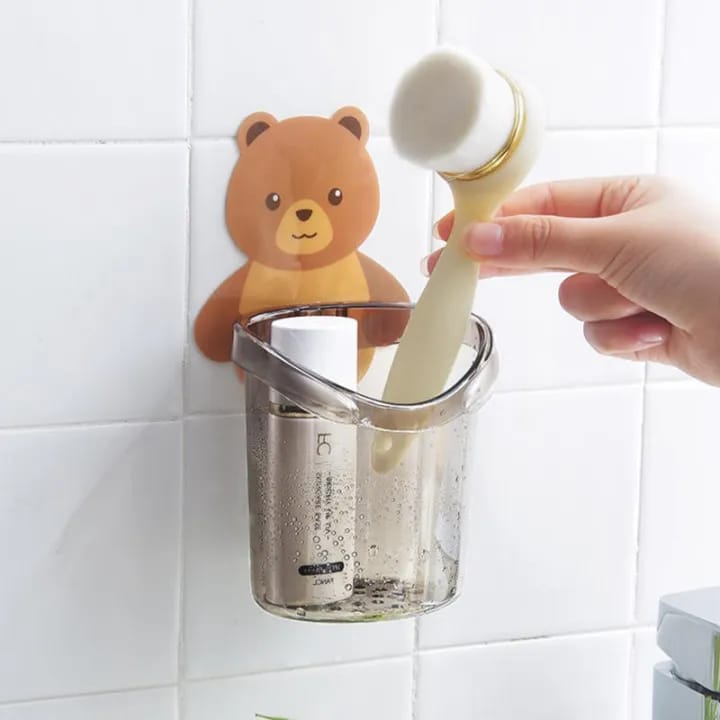 Toothbrush Holder Cup Cute Teddy Bear Wall Mounted – Self Adhesive Bathroom Storage Organizer – Kids Toothbrush & Toothpaste Holder - image 1