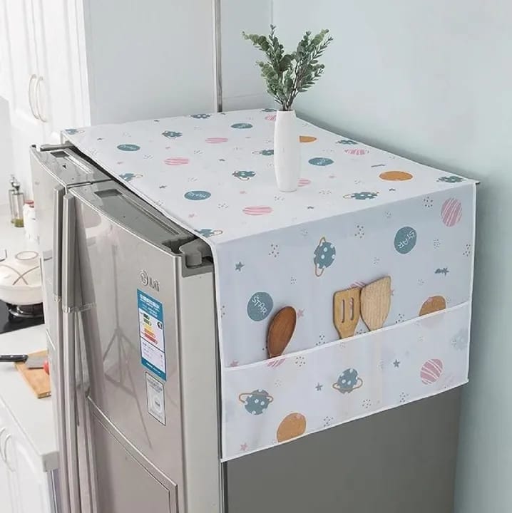 Fridge and Washing Mechine Cover for Top with 6 Utility Pockets Cartoon Prints Waterproof Single Door (130 x 54 cm) - image 2