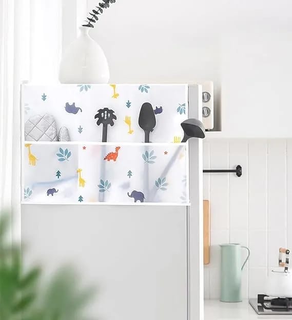 Fridge and Washing Mechine Cover for Top with 6 Utility Pockets Cartoon Prints Waterproof Single Door (130 x 54 cm) - image 1