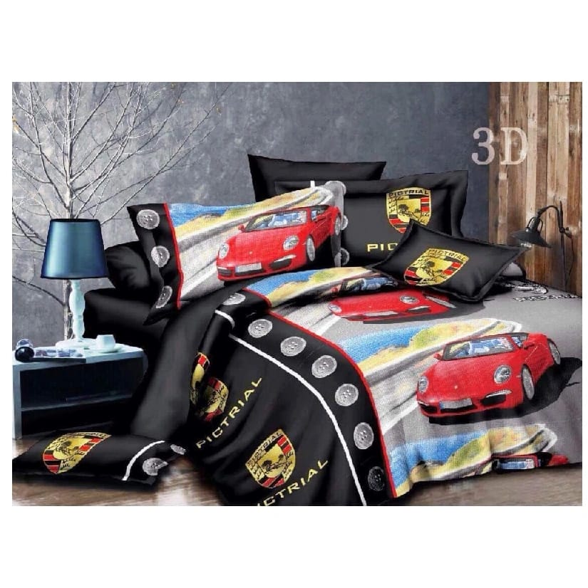 Car Design Kids Double Bed Sheet Set With 2 Pillow Covers