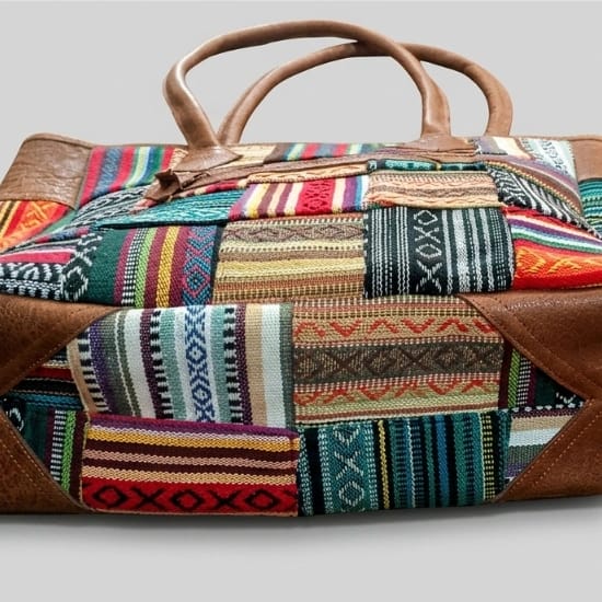 Handmade Women'S Cotton & Leather Patchwork Tote Bag - Multi-Color Woven Shoulder Bag With Zipper Closure - image 4