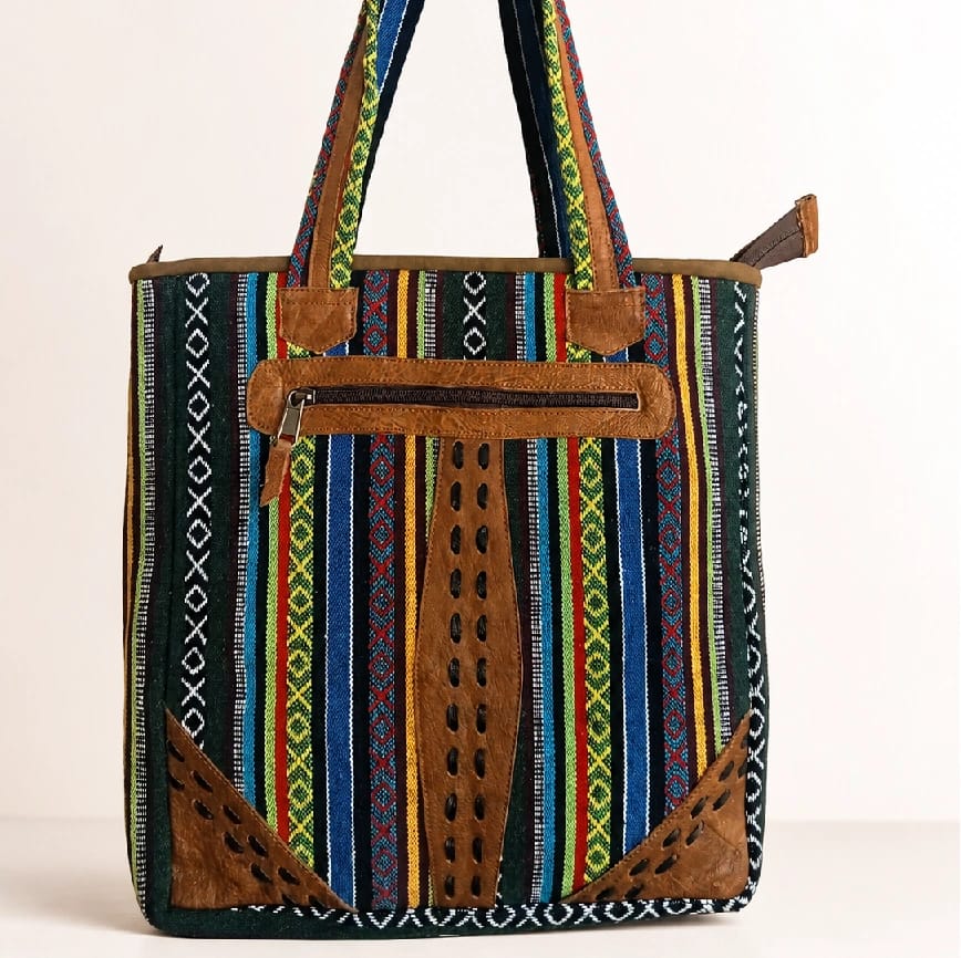 Handcrafted Nepali Striped Cotton & Leather Women'S Shoulder Bag With Zipper And Adjustable Strap - image 1