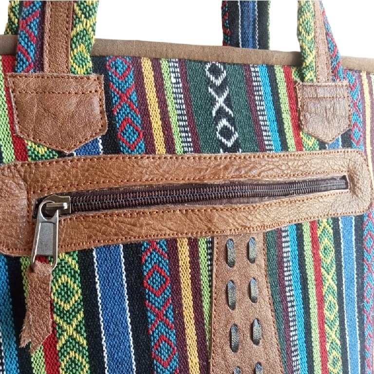 Handcrafted Nepali Striped Cotton & Leather Women'S Shoulder Bag With Zipper And Adjustable Strap - image 3